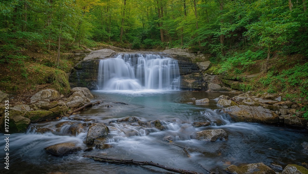 Fototapeta premium Elakala Falls cascading through lush greenery, showcasing natural beauty and seasonal change