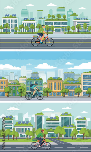 People riding bicycles on city streets promoting ecofriendly urban transport.