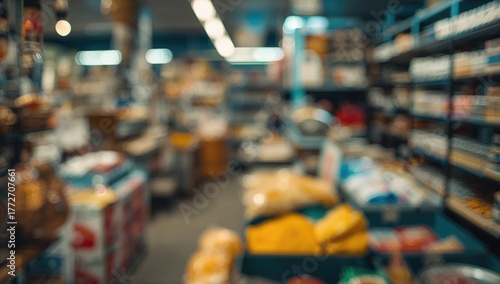 Wallpaper Mural Blurry image of various goods on minimarket shelves, focus on product diversity Torontodigital.ca