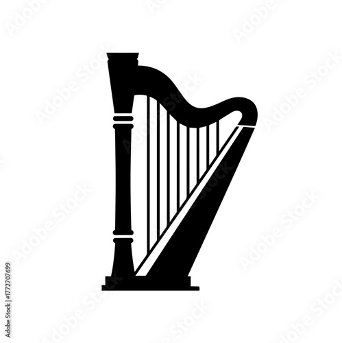 An elegant, solid black silhouette of a concert harp, showcasing its iconic curved frame, pillar, and strings in a simple graphic style