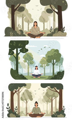Three women meditating in a serene forest setting.
