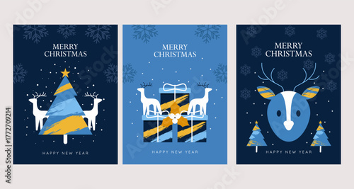 Set of three modern christmas card design with abstract tree, gifts, reindeer and snowflakes. Blue background with yellow watercolor texture for holiday season. Vector Illustration.
