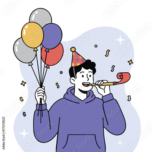 Illustration of a happy young man in a party hat holding balloons and blowing a noisemaker