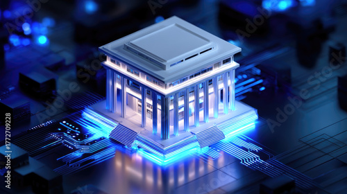 Isometric white cube bank building with subtle glowing circuit patterns, futuristic AI banking concept, clean 3D render