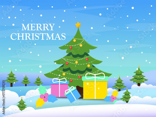 Merry Christmas and Happy New Year winter background vector illustration. Background for banner, poster or header design.