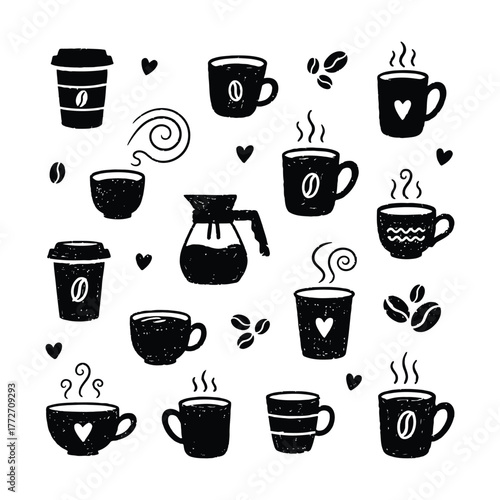 Coffee and tea cups doodle set