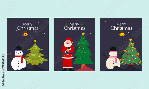Set of three Merry christmas celebration trendy flat minimal creative banner and poster design vector illustration.