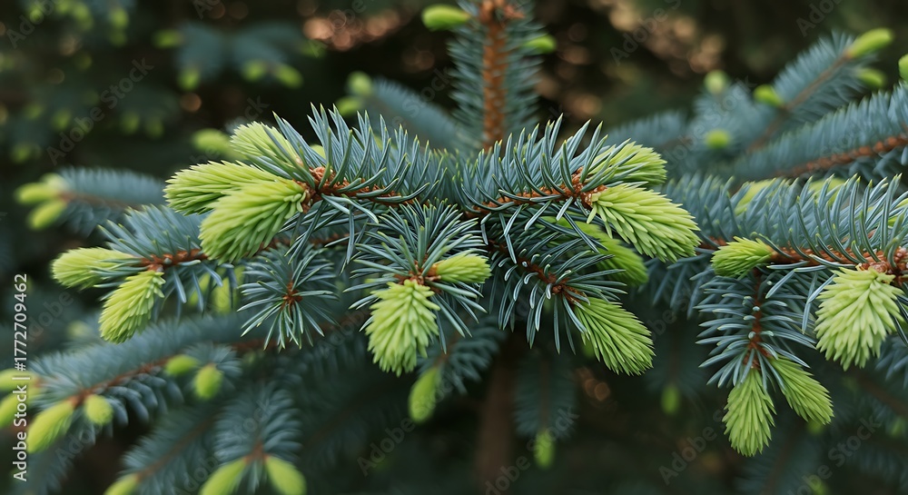 Fototapeta premium Close-up of a coniferous tree branch with new light green growth, showing fine details
