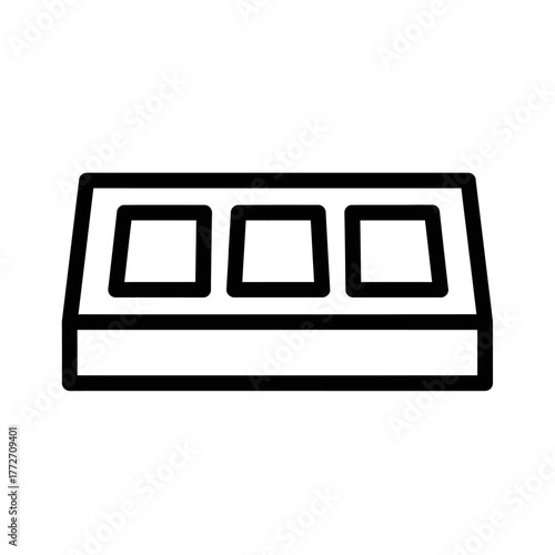 Bold black line art icon of a rectangular tray with three square compartments.