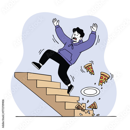 Vector illustration of a young man falling down wooden stairs and dropping slices of pizza and a plate.