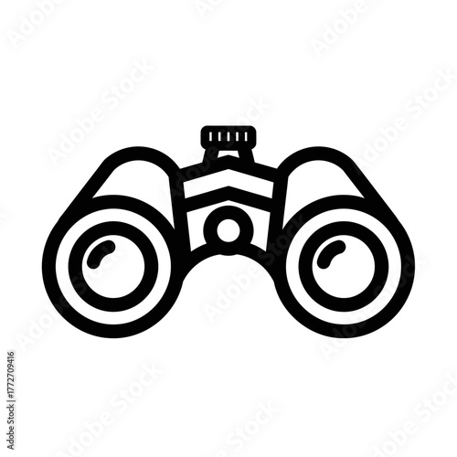 Bold black line art icon of binoculars, a minimalist front view with a central focus wheel and round lenses.