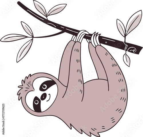 Cute sloth hanging upside down from a tree branch with leaves isolated on transparent background