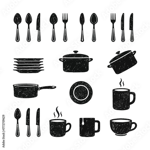 Doodle kitchenware and utensils isolated on white