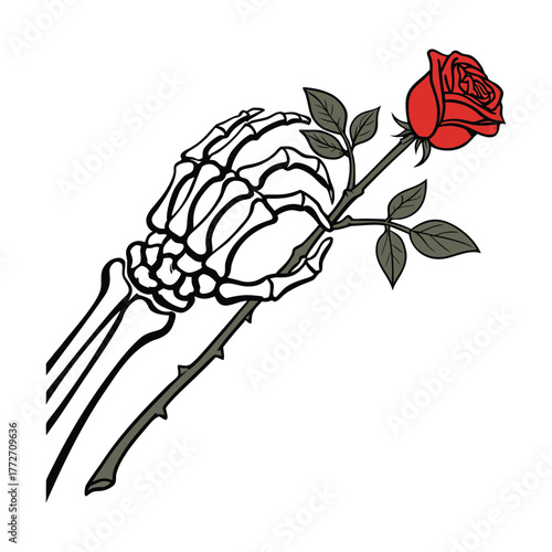 Single red rose stem with thorns and leaves dramatic lighting isolated on transparent background