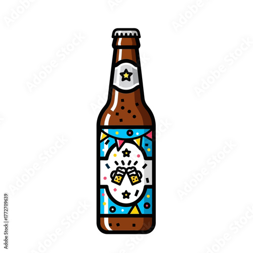 Cartoon-style brown beer bottle with party decorations and white label.