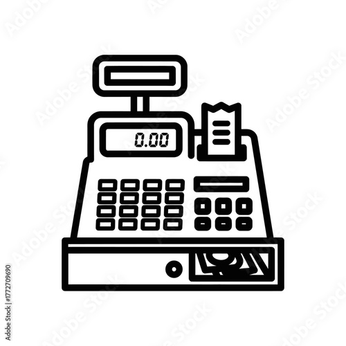 Classic black outline cash register icon with digital display and receipt, showing money drawer.