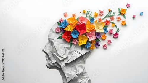 human head silhouette with crumpled paper transforming into origami flowers