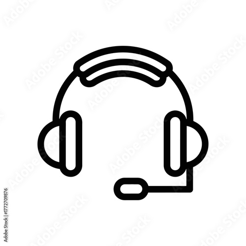 Clean black outline headset with a distinct boom microphone, simple line art style.