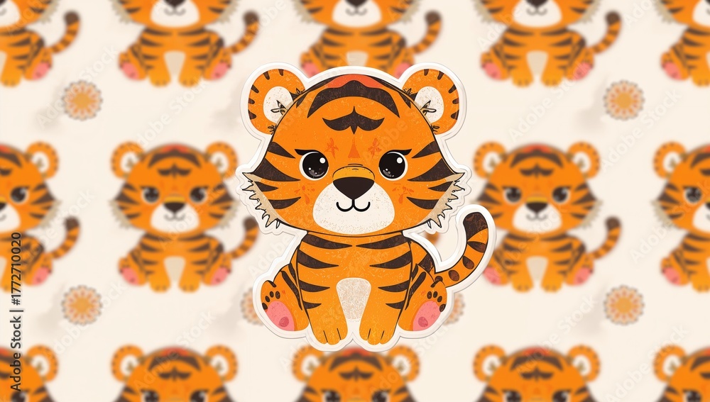 Fototapeta premium Adorable illustrated tiger in a playful design, suitable for background patterns