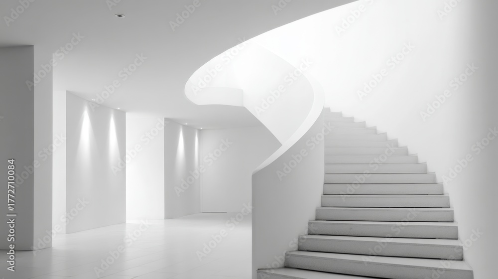 Obraz premium Bright minimalistic interior features a graceful staircase enhancing the serene atmosphere.