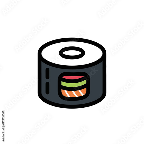 Colorful Sushi Roll Icon with Rice, Seaweed, Salmon, Avocado, and Red Topping.