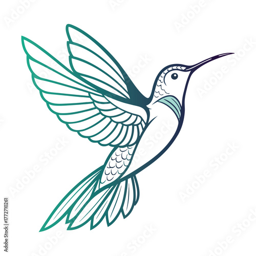 Elegant hummingbird in flight illuminated by neon glow and vivid colors isolated on transparent background