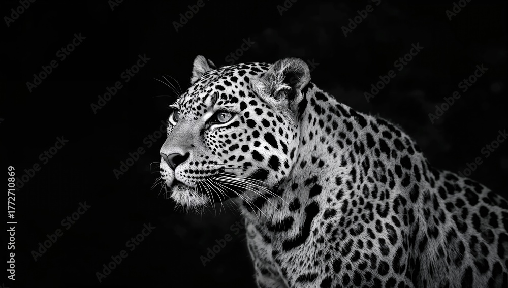Obraz premium Amur leopard, Panthera pardus orientalis, striking black and white portrait, showcasing high contrast and direct gaze, focus on wildlife preservation