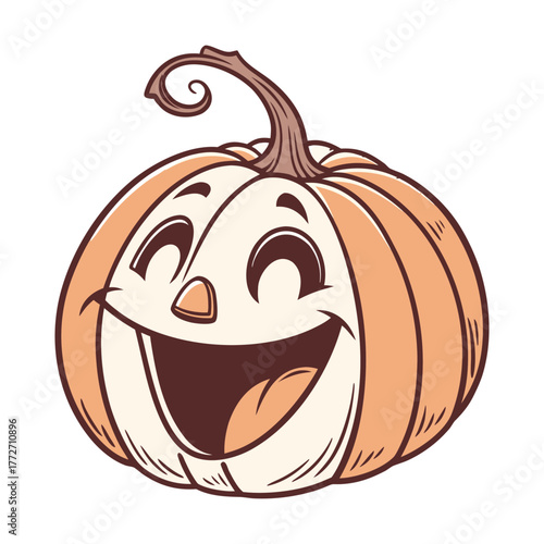 Happy grinning jack o lantern pumpkin with swirling stem festive autumnal celebration isolated on transparent background