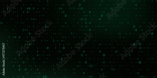 Vector digital code rain in a Matrix inspired futuristic style. High-tech backdrop with glowing binary characters. Binary Software Programming Code Background. Digital Data Technology Concept.