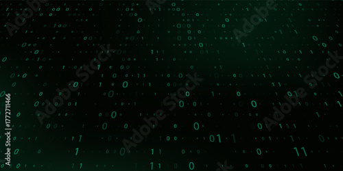 Vector digital code rain in a Matrix inspired futuristic style. High-tech backdrop with glowing binary characters. Binary Software Programming Code Background. Digital Data Technology Concept.