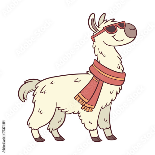 Cute cartoon llama wearing a scarf and sunglasses standing confidently isolated on transparent background