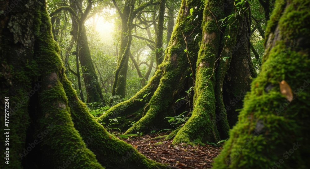 Fototapeta premium Ancient Trees Covered With Bright Green Moss 