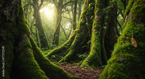 Ancient Trees Covered With Bright Green Moss 