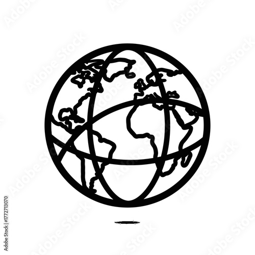 Minimalist black line art globe icon with stylized continents and orbital lines.
