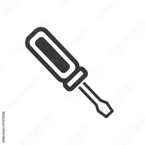 Minimalist black line art icon of a diagonal flat-head screwdriver.