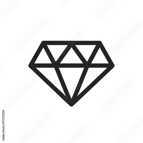 Minimalist black line art icon of a faceted geometric diamond shape. A simple, bold outline of a precious gemstone symbol.