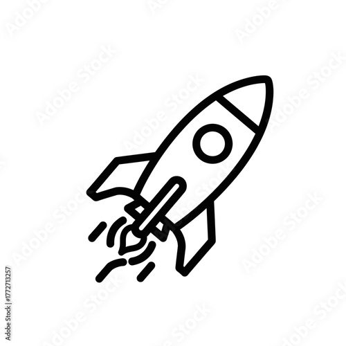 Minimalist black line art icon of a launching rocket ship with a round window and propulsion flames.