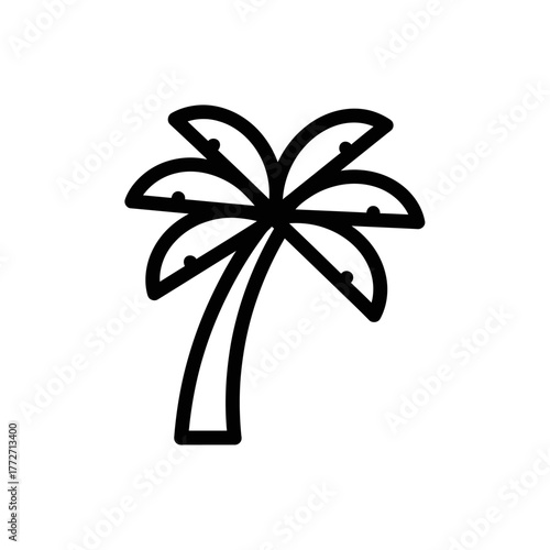 Minimalist black line art icon of a tropical palm tree with five rounded fronds and a curved trunk.