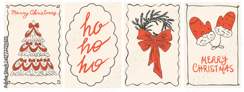 Vintage chalk hand drawn Christmas posters. Retro new year drawing set in doodle line art, minimalist print with Christmas tree, gloves, wreath, silverware, bows and ribbons. Vector cards in coquette 