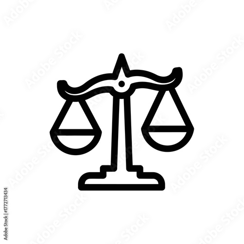 Minimalist black line art icon of the balanced scales of justice, a simple stylized legal symbol.