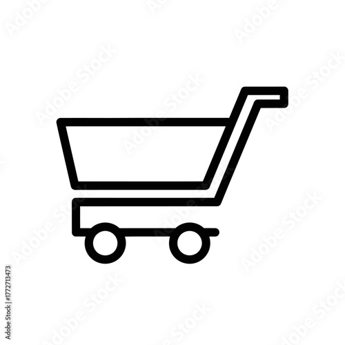 Minimalist black line art shopping cart icon, a simple outline graphic of a trolley with two wheels.