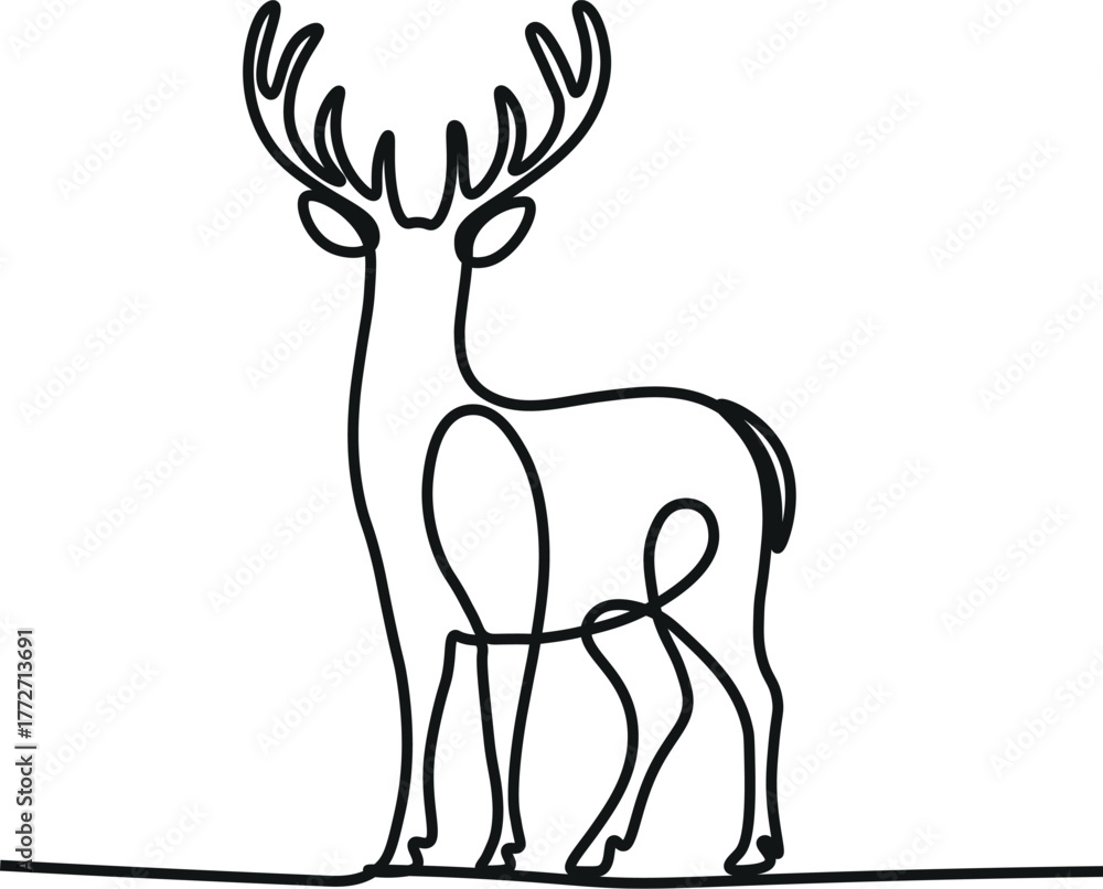 Fototapeta premium Single one line drawing deer jumping. Famous animals when winter comes. Living naturally in the cold nature. Snow animals. Fauna. Wildlife. World Snow Day. Continuous line design graphic illustration