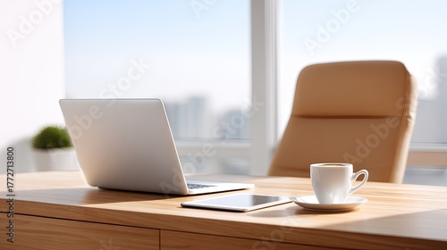 Wallpaper Mural Modern Office Workspace with Laptop, Tablet, and Coffee Cup on Stylish Wooden Desk, Bright Window View, and Contemporary Interior Design Torontodigital.ca