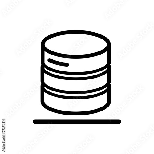 Minimalist black outline database icon, stacked cylindrical disks, representing digital data storage.