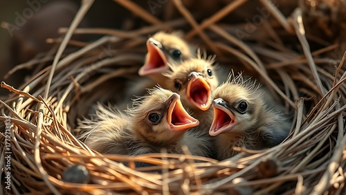 pragmatism. Newborn birds in nest with open beaks, soft morning light. wildlife magazines, conservation campaigns, designed for wildlife conservation campaigns.