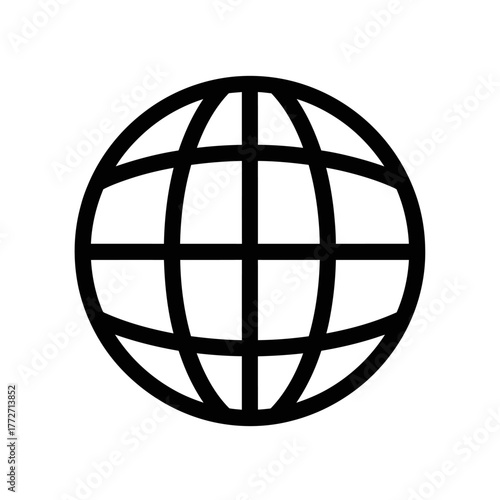 Minimalist black outline globe icon, featuring a spherical shape with intersecting horizontal and vertical grid lines.