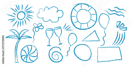 Hand drowing Summer holiday icons collection sun palm tree life buoy champagne glasses beach fun