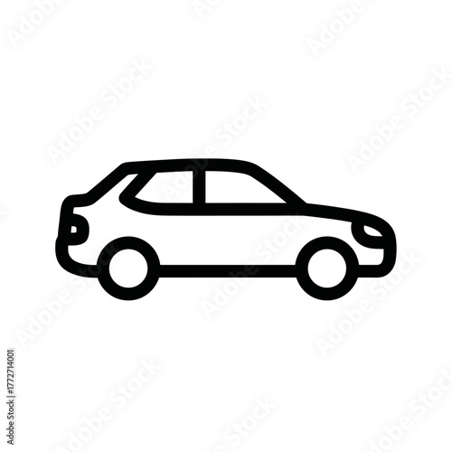 Minimalist black outline icon of a modern car, side profile view. Simple vehicle pictogram with rounded edges.