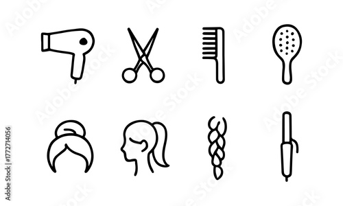 Collection of simple line art icons for hairdressing and styling
