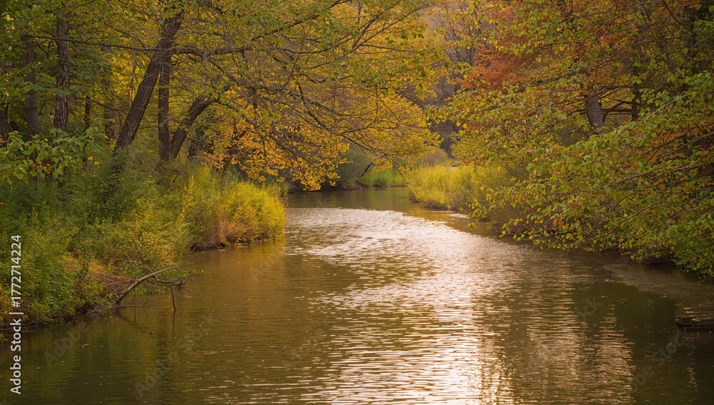 Fototapeta premium Scenic creek flowing through a lush forested area in a serene neighborhood